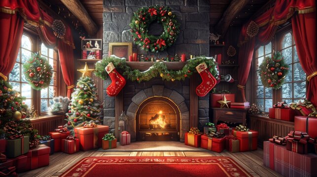 Design a whimsical Christmas background with a playful scene of elves preparing toys in Santas workshop.