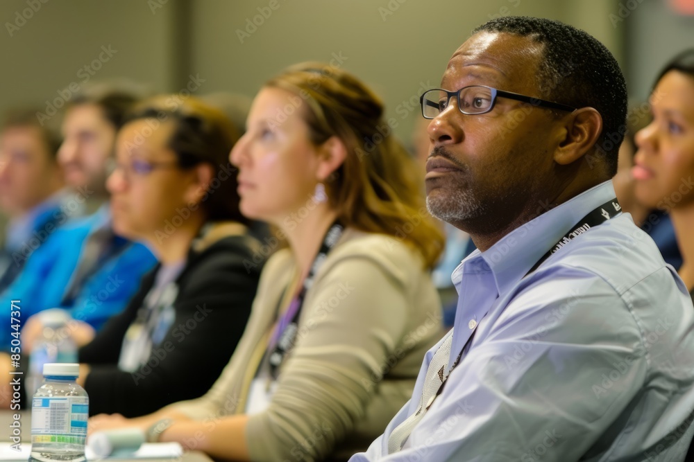 Wall mural A diverse group of professionals listen intently during a business conference, showcasing collaboration and engagement in a modern setting