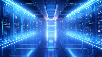Obraz premium Modern digital blue background, futuristic server room interior design