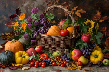 A wicker basket overflowing with fresh fruits and vegetables, showcasing the abundance of an autumn harvest