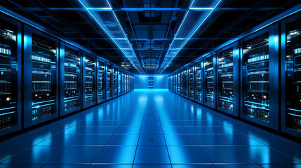 Modern digital blue background, futuristic server room interior design