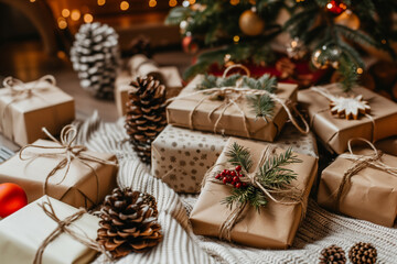 Verschiedene Weihnachtsgeschenke in Kraftpapier verpackt liegen auf dem Boden unter dem Tannenbaum