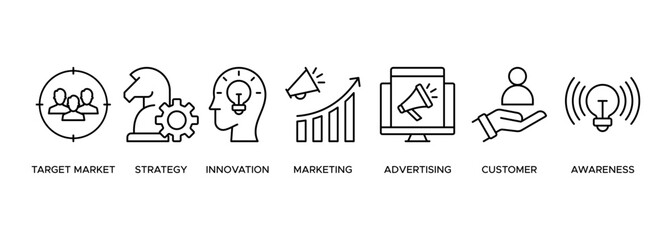 Brand banner web icon vector illustration concept with icon of target market, strategy, innovation, marketing, advertising, customers, and awareness