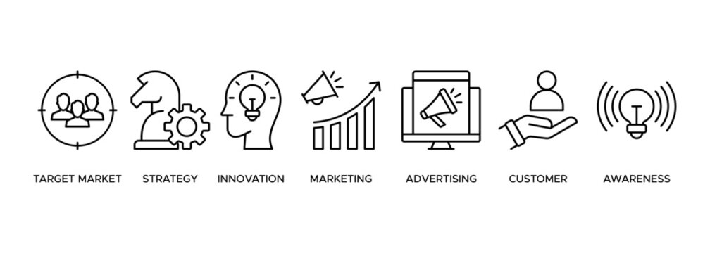 Brand banner web icon vector illustration concept with icon of target market, strategy, innovation, marketing, advertising, customers, and awareness