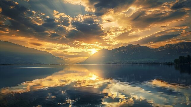 Bright sunset over lake Geneva Switzerland golden clouds reflect in the water : Generative AI