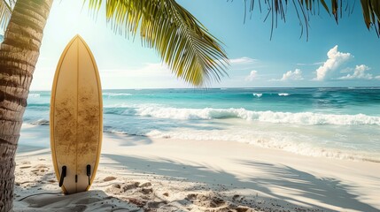 Surfboard: A surfboard leans against a palm tree, overlooking a pristine sandy beach and crystal-clear waves, in a tropical paradise where the sun always shines and the surf is always up 