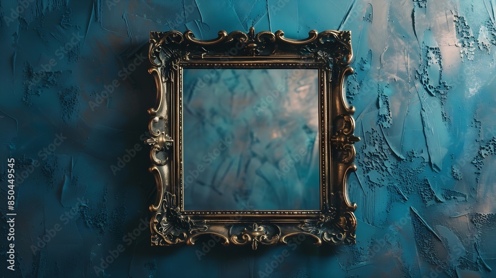 Poster vintage openwork bronze metal frame on a blue wall background empty picture frame mockup : generativ