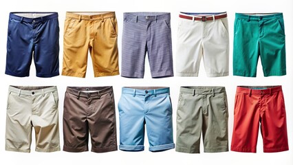 Men's shorts in various styles and colors, isolated on a white background, men's fashion, clothing, summer