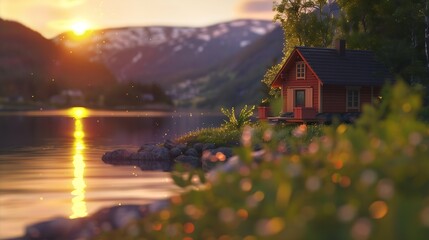 Dolly View Nordic Summer Cabin And Sunset Over Lake Nordic Vacation Scene : Generative AI