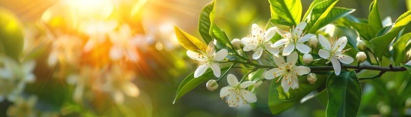 Closeup of fragrant orange blossoms in full bloom, with gentle sunlight enhancing their delicate petals and fresh greenery