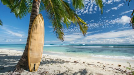 Surfboard: A surfboard leans against a palm tree, overlooking a pristine sandy beach and crystal-clear waves, in a tropical paradise where the sun always shines and the surf is always up 