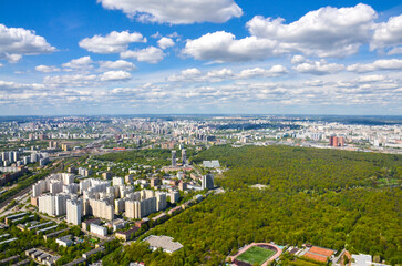 Ostankino park, Botanical Garden and northern districts of Moscow aerial view from TV tower