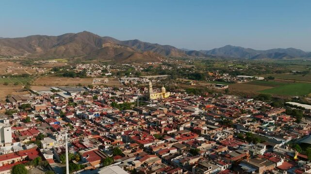 Aerial Above City Of Tamazula de Gordiano With View Of Diocesan Sanctuary of Our Lady of the Sagrario. Jalisco, Mexico.