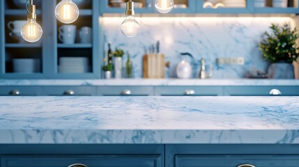 Empty marble kitchen island with clean surface in blue vintage kinchen in provence style Dining table against blurred stylish furniture with drawers and kitchenware Pendant lights hang : Generative AI - Powered by Adobe