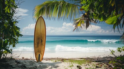 Surfboard: A surfboard leans against a palm tree, overlooking a pristine sandy beach and crystal-clear waves, in a tropical paradise where the sun always shines and the surf is always up 