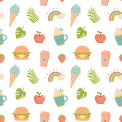 Seamless pattern with burger, ice cream, apple, strawberry, mugs, rainbow and leaves. Cute pastel print.