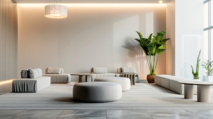 A serene breakout area at a conference venue with minimalistic decor, comfortable seating, and soft lighting.