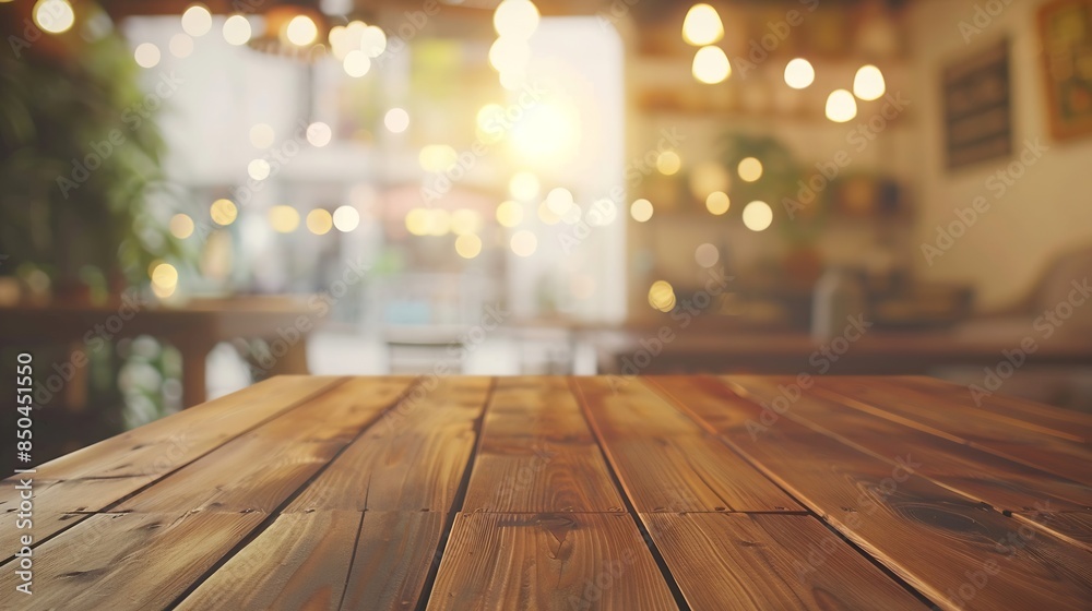 Poster empty wooden table space platform and blurred cafe or restaurant background for product display mont