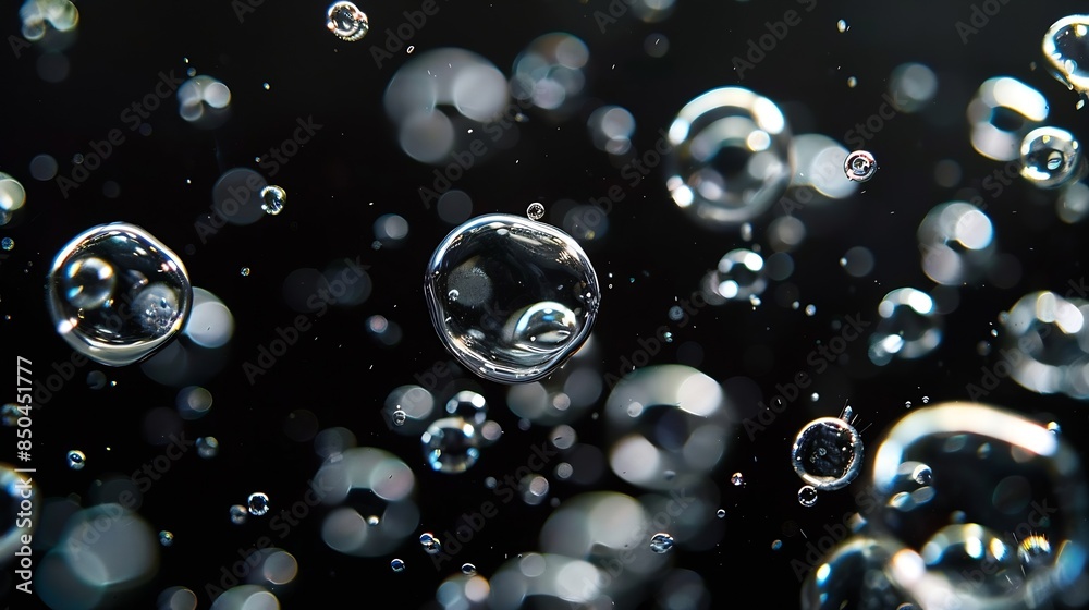 Poster slow motion air bubbles in water rising up to the surface on isolated black background slowmotion ai