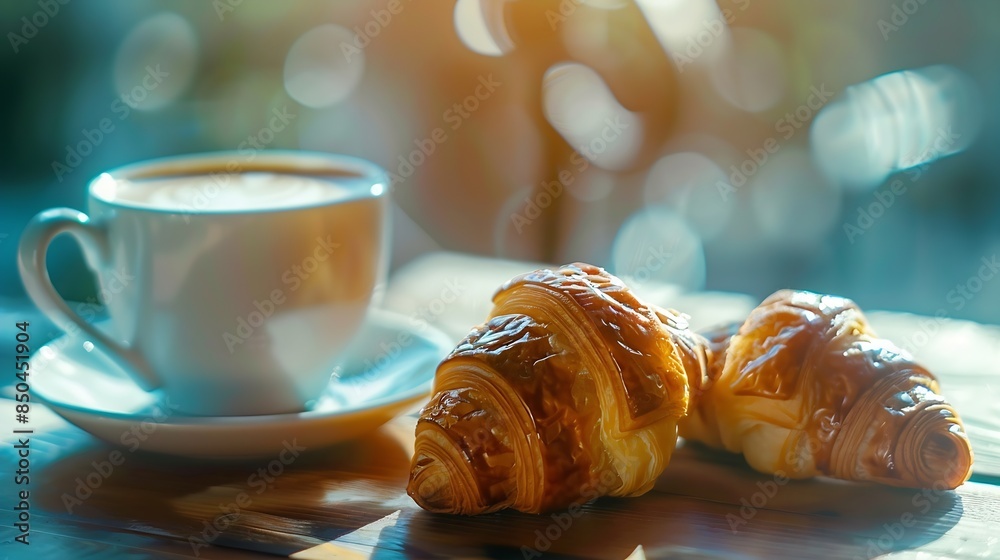 Poster breakfast view a bunch of croissant and a cup of coffee with cafe vibe background : generative ai