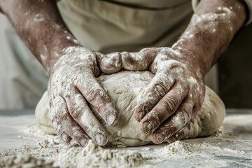 Hands Kneading Dough on Floured Surface: Artisanal Baking Process in Rustic Kitchen Setting