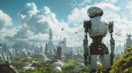 Naklejka premium A futuristic robot overlooks a sprawling sci-fi cityscape with flying vehicles under a bright blue sky filled with clouds.