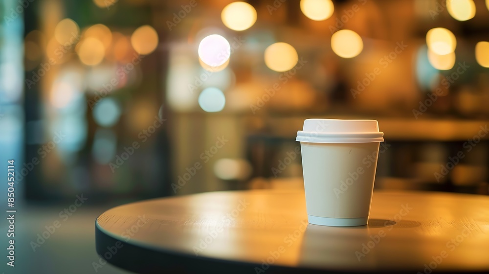 Poster Empty coffee table over defocused coffee shop background with copy space : Generative AI