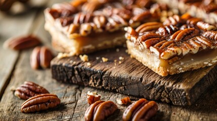 Tasty pecan pie bars on rustic background