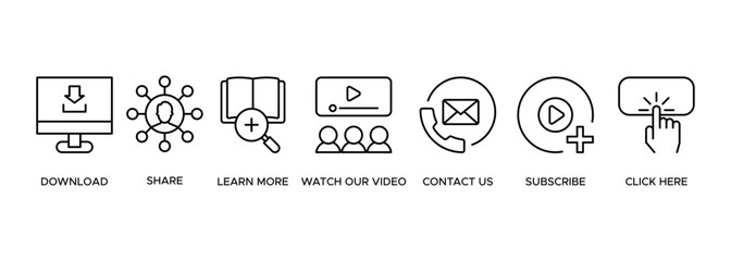 Call to action banner website icon illustration concept with icon of download, share, learn more, watch our video, contact us, subscribe, and click here