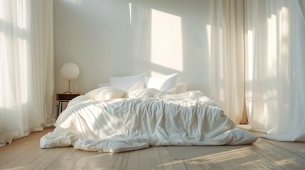 Simple modern design ad offer Double bed with white pillows and soft blanket lamp furniture on wooden floor White empty wall big window with curtains in bedroom interior : Generative AI