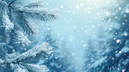 Winter background with pine branches and falling snowflakes.