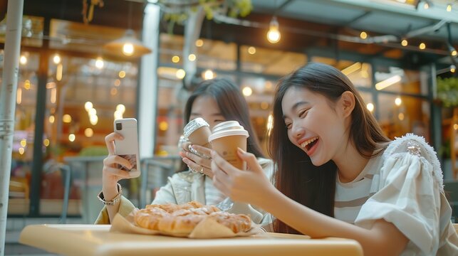 Asian woman friends using smartphone selfie together while sitting at outdoor coffee shop eating bakery and drinking coffee in urban city street Beautiful female enjoy outdoor lifestyl : Generative AI