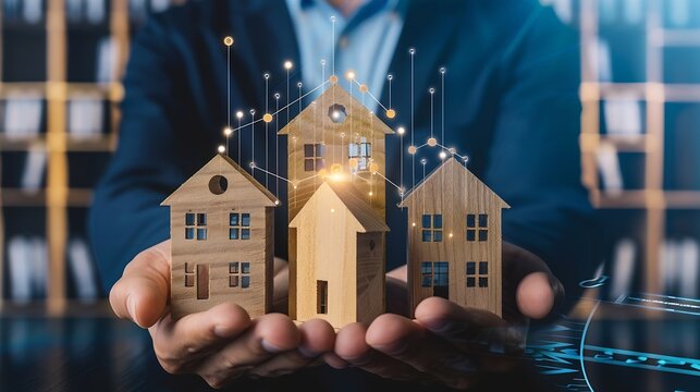 Real estate investment concept Businessman holding wooden model houses and virtual graph real estate growth in the future finance banking lending and trading : Generative AI