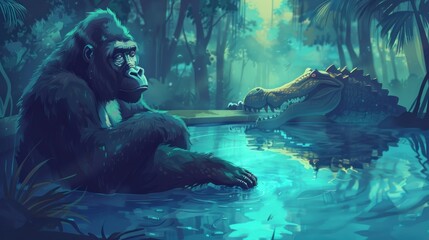 Fototapeta premium Gorilla and Crocodile Share a Moment in the Jungle