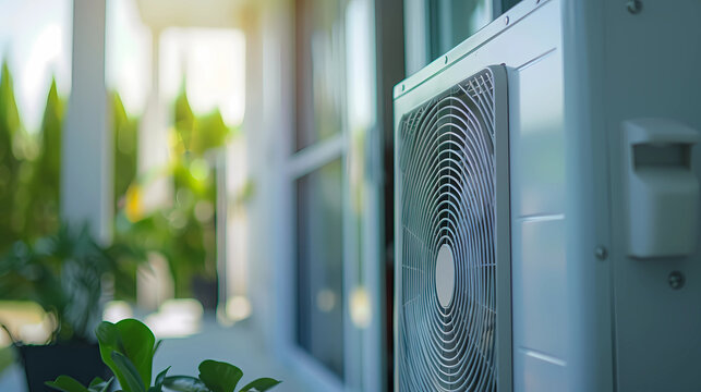 Air source heat pump installed in residential building. Sustainable and clean energy at home.