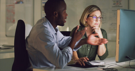 Speaking, problem solving or business people on computer for training, helping advice or research online. Woman teaching, supervisor coaching or IT support talking for learning or teamwork at night