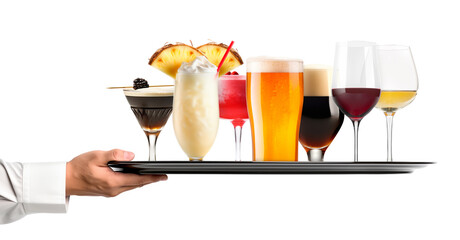 Waiter hand holding metal tray with collection of cocktails, beer and mocktail on white background with summer fruits