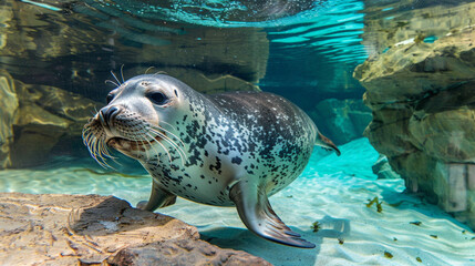 Fototapeta premium A seal is swimming in a pool with a rock wall