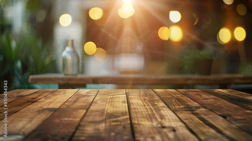 Poster empty wooden table and blurred background of abstract in front of restaurant or coffee shop for disp