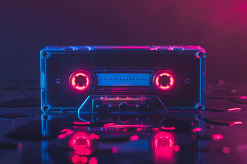 Fototapeta premium Neon cassette. Nostalgia of the 90s. Audio cassette for listening to music. 