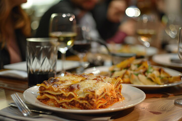 Delicious slice of lasagna served on a white plate in a restaurant, capturing the essence of national lasagna day on 29th july