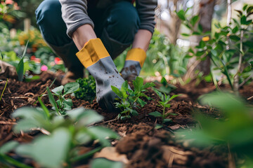 Naklejka premium Person planting trees or working in community garden promoting local food production and habitat restoration, concept of Sustainability and Community Engagement