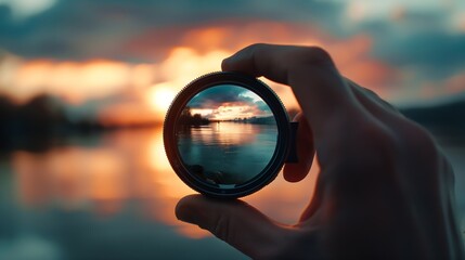 photography view camera photographer lens lense through video photo digital glass hand blurred focus people sun sunset sunrise cloud sky water lake concept  stock image : Generative AI