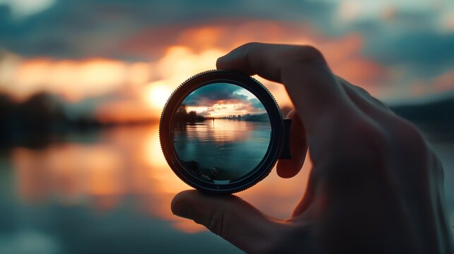 photography view camera photographer lens lense through video photo digital glass hand blurred focus people sun sunset sunrise cloud sky water lake concept  stock image : Generative AI