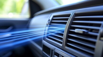 Close up of black plastic car air conditioning vent with flowing blue air streams