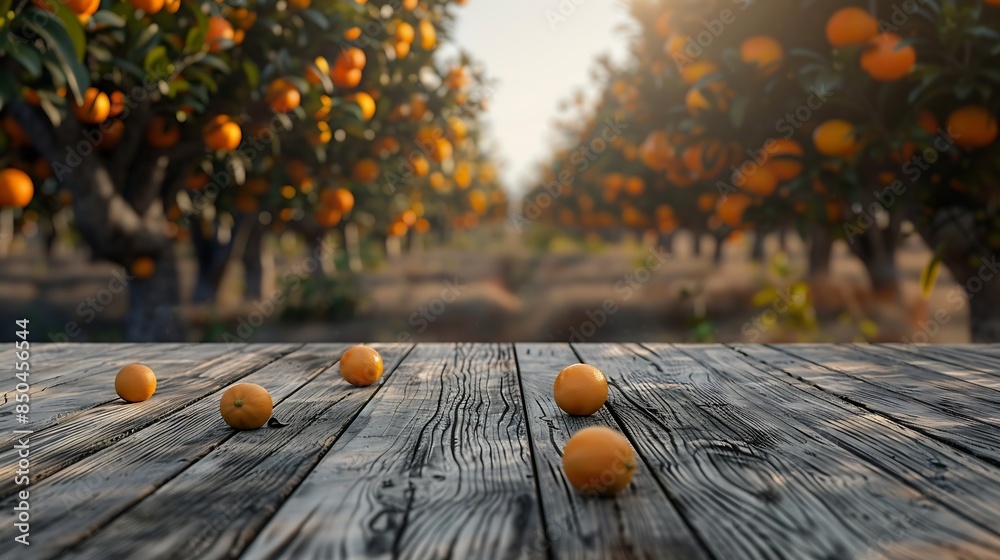 Poster Empty wood table with free space over orange trees orange field background For product display montage : Generative AI