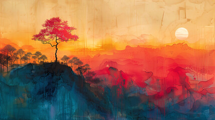 A vibrant, abstract landscape painting featuring a lone tree with red leaves on a hilltop, surrounded by colorful, flowing hues of orange, red, and blue, with a sun setting in the background.
