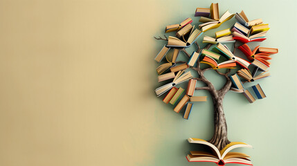 The concept of International Literacy Day, where the tree has books instead of leaves. This symbolic representation highlights how reading and writing skills form the foundation of our ability to lear
