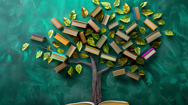 The concept of International Literacy Day, where the tree has books instead of leaves. This symbolic representation highlights how reading and writing skills form the foundation of our ability to lear