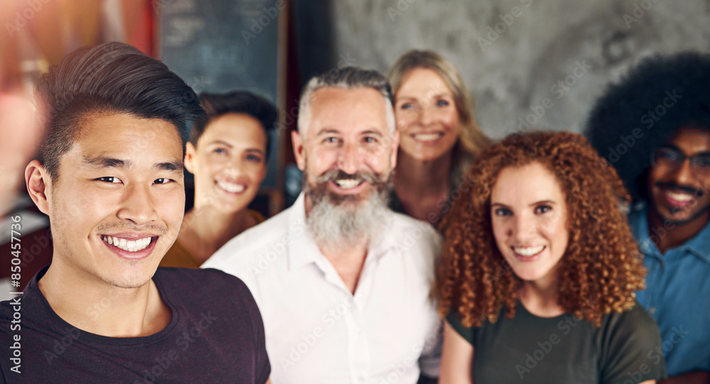 Poster creative, people and smile for selfie, startup and photography for memory in company and networking.